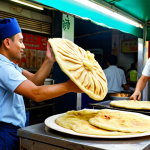 **

*   **Prompt:** A bustling street food stall in Georgetown, Malaysia. A skilled cook stretches roti canai dough, spinning it expertly in the air. The air is filled with curry aromas. Focus on the energy and vibrant colors.

**