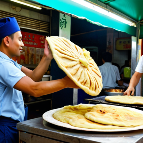 Home 14 **
* **Prompt:** A bustling street food stall in Georgetown, Malaysia. A skilled cook stretches roti canai dough, spinning it expertly in the air. The air is filled with curry aromas. Focus on the energy and vibrant colors.
**