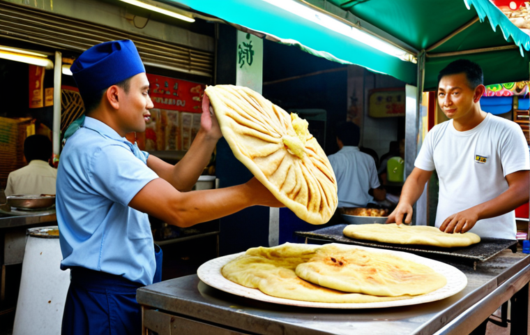 **

*   **Prompt:** A bustling street food stall in Georgetown, Malaysia. A skilled cook stretches roti canai dough, spinning it expertly in the air. The air is filled with curry aromas. Focus on the energy and vibrant colors.

**