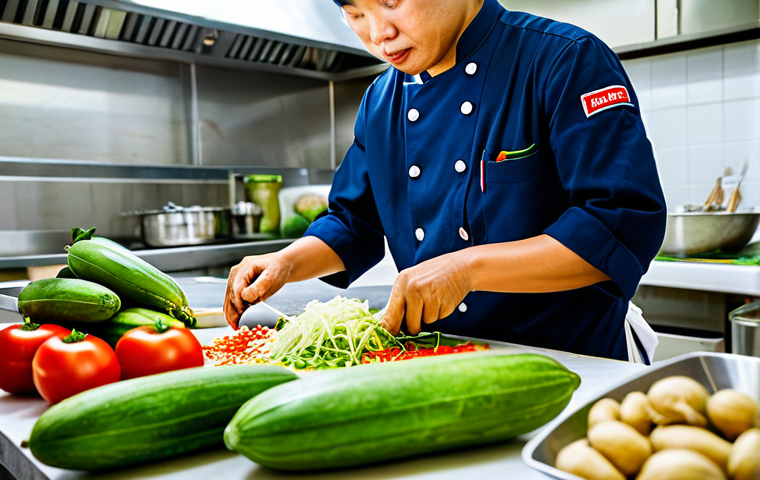 Som Tam Preparation**

"A chef in a clean, professional kitchen preparing Som Tam. Focus on fresh ingredients like green papaya, tomatoes, and peanuts.  Fully clothed, appropriate attire, safe for work, perfect anatomy, natural proportions, professional food photography, high quality, bright lighting."

**