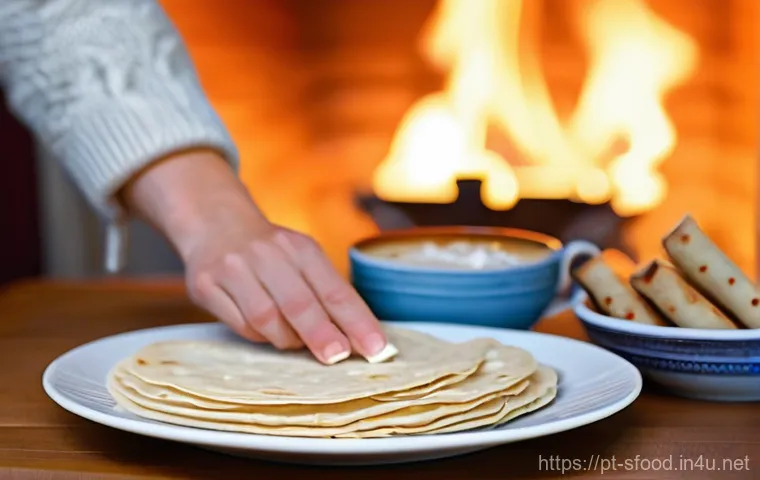 노르웨이 라프사 전통 플랫브레드  조리법 - **Prompt 1: The Art of Rolling Lefse**
    "A cozy, sunlit kitchen scene with a focus on hands gentl...