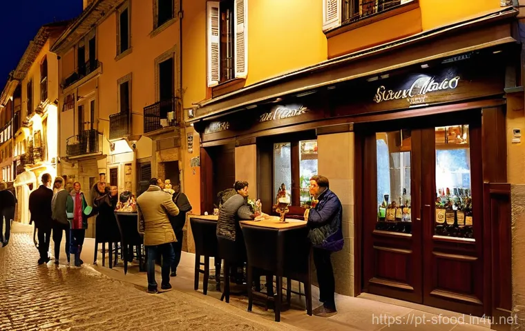 스페인 핀초스와 타파스 차이 - **Basque Pintxos Counter: Culinary Art Display**
    A close-up, highly detailed shot of a polished ...