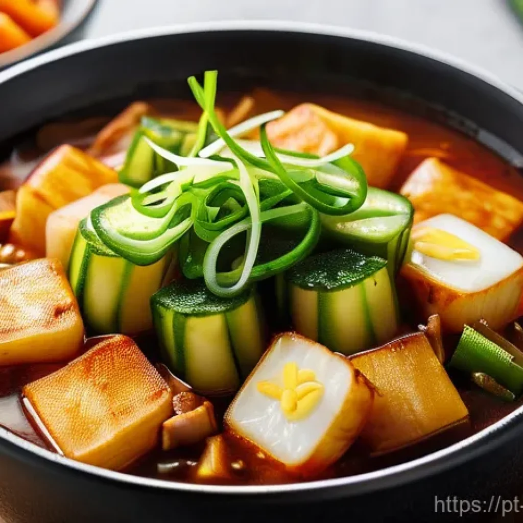 한국 떡볶이 종류별 소스 조합 - A close-up shot of a steaming bowl of Jjajang Tteokbokki in a cozy, softly lit home kitchen. The che...