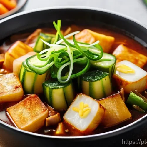 한국 떡볶이 종류별 소스 조합 - A close-up shot of a steaming bowl of Jjajang Tteokbokki in a cozy, softly lit home kitchen. The che...