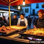 춘천 닭갈비 길거리 음식 스타일 - A vibrant street food scene in Lisbon featuring a busy outdoor stall serving grilled spicy chicken (...