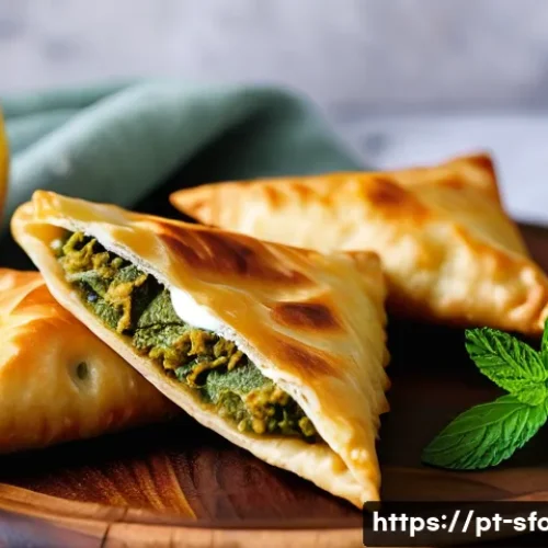 사우디아라비아 삼부사 길거리 파이  바삭하게 - A close-up image of perfectly golden, crispy samboosas arranged neatly on a rustic wooden platter, e...