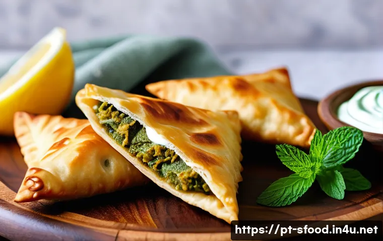 사우디아라비아 삼부사 길거리 파이  바삭하게 - A close-up image of perfectly golden, crispy samboosas arranged neatly on a rustic wooden platter, e...