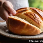 경주 황남빵과 대전 성심당 튀김소보로 - A close-up, high-resolution image of a traditional Brazilian sweet bread with a soft, moist, and lig...