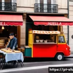 프랑스 크레페 길거리 인기 메뉴 - A vibrant street scene in Paris during a sunny afternoon, featuring a charming crepe food truck with...