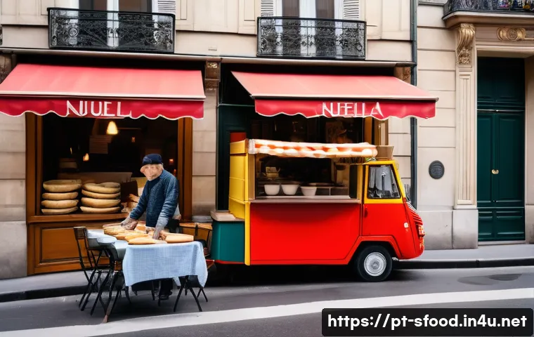 프랑스 크레페 길거리 인기 메뉴 - A vibrant street scene in Paris during a sunny afternoon, featuring a charming crepe food truck with...