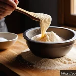 스페인 츄러스 초콜릿 딥 레시피 - A cozy kitchen scene showcasing the process of making perfect churros dough: a close-up of a high-gl...