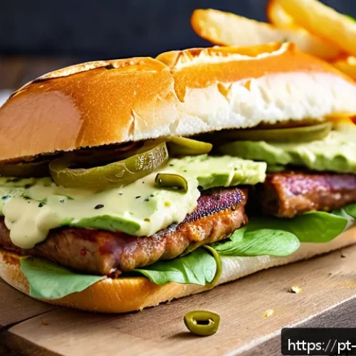 칠레 콤플리토 칠레식 핫도그  조리법 - A close-up image of a traditional Chilean Completo sandwich on a wooden table, featuring a lightly t...