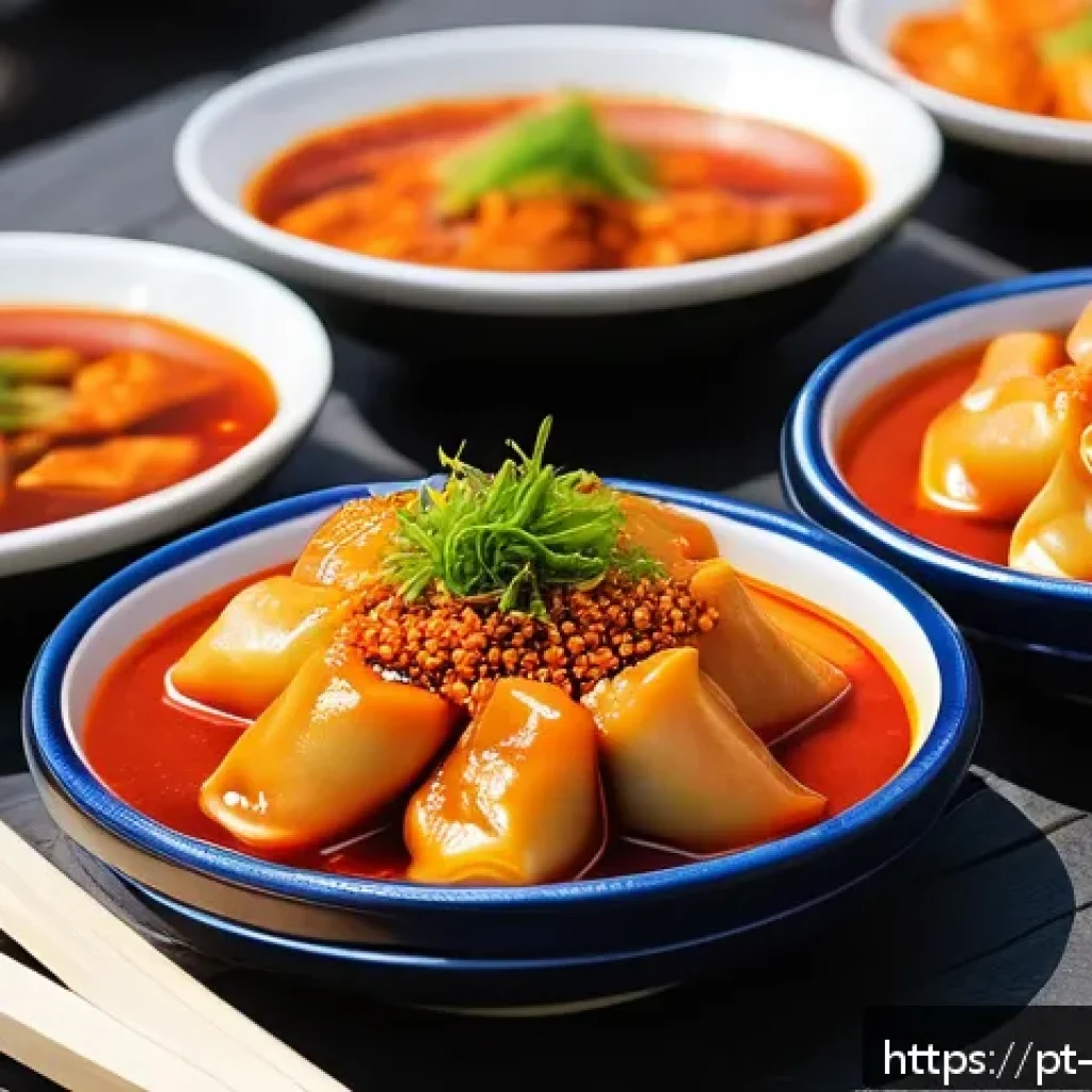 대구 납작만두와 매운 떡볶이 궁합 - A close-up, vibrant image of a street food scene in Portugal featuring a plate of flattened mandu du...