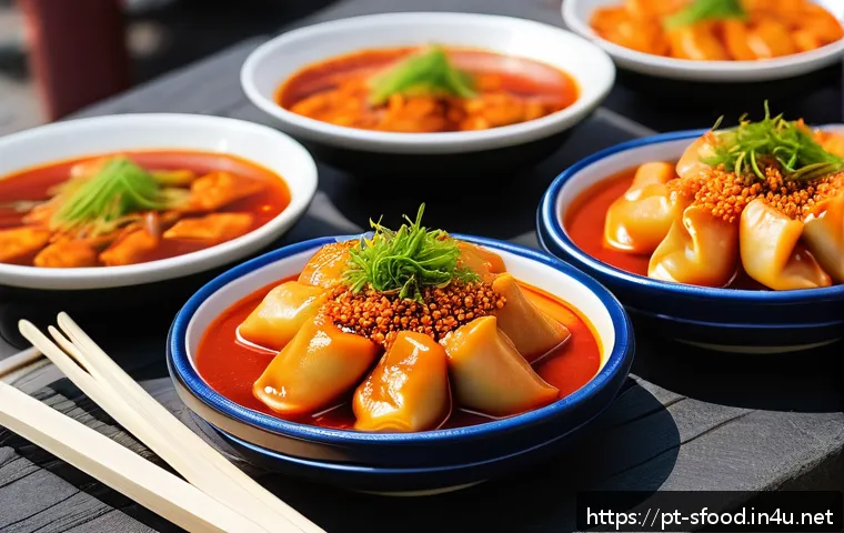 대구 납작만두와 매운 떡볶이 궁합 - A close-up, vibrant image of a street food scene in Portugal featuring a plate of flattened mandu du...
