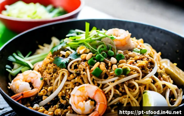 Home 17 태국 팟타이 길거리 스타일 레시피 - Photorealistic Thai street-style pad thai freshly cooked in a black wok, glossy rice noodles tossed ...