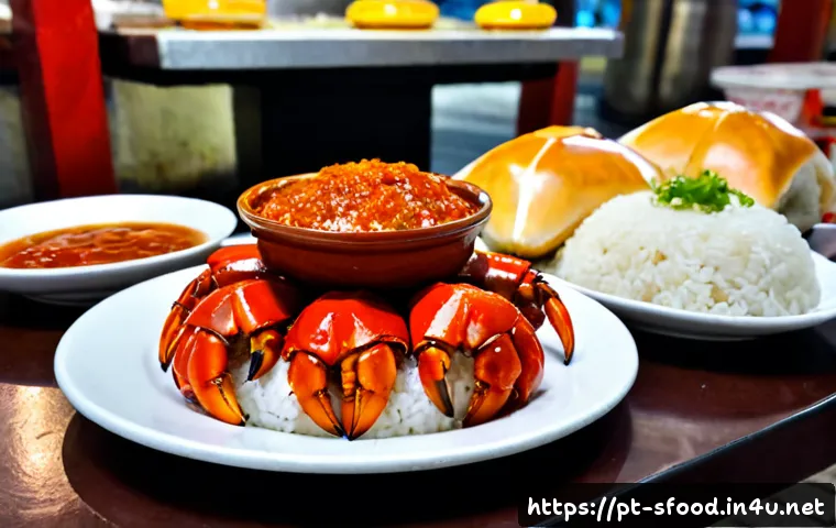 Home 17 싱가포르 칠리 크랩과 길거리 스타일 - Photorealistic Singapore chili crab served street-food style on a round metal table, glossy red chil...