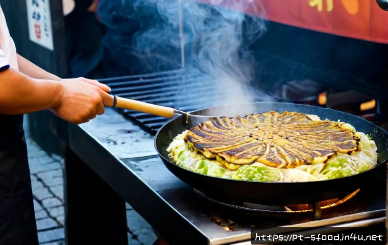 일본 오코노미야키 길거리 버전 - Photorealistic Japanese street-food scene, a skilled vendor cooking a thick Osaka-style okonomiyaki ...