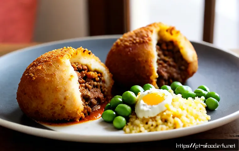 이탈리아 아란치니 속 재료 추천 - Photorealistic Italian arancini cut open on a rustic ceramic plate, revealing a rich filling of saff...
